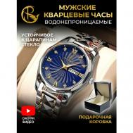 Наручные часы  Часы наручные мужские кварцевые из нержавеющей стали в подарочной упаковке, серебряный, синий PARASMART