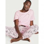 Пижама , футболка, брюки, застежка отсутствует, короткий рукав, трикотажная, пояс на резинке, размер L, розовый Victoria's Secret