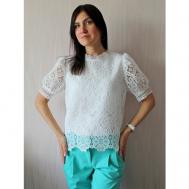Блуза , классический стиль, прямой силуэт, короткий рукав, подкладка, без карманов, флористический принт, размер единый, белый BonBon_trend