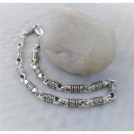 Браслет-цепочка  с молитвой "Спаси и Сохрани" и "Королевская лилия", серебро, 925 проба, чернение, длина 19 см. Leona