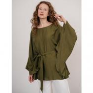 Блуза  , повседневный стиль, оверсайз, укороченный рукав, пояс/ремень, однотонная, размер One Size, хаки, зеленый Модный дом Виктории Тишиной