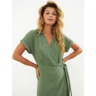 Платье с запахом , лен, повседневное, классическое, прилегающее, миди, размер XL, зеленый WonderClo