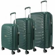 Комплект чемоданов  Meridian, 3 шт., полипропилен, рифленая поверхность, опорные ножки на боковой стенке, увеличение объема, водонепроницаемый, 120 л, размер L, черный, зеленый Impreza