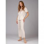 Пижама , рубашка, брюки, короткий рукав, пояс на резинке, размер L, бежевый INDEFINI