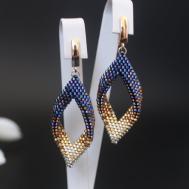 Серьги двусторонние , бисер, синий, золотой Valeria Queen Jewelry