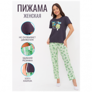 Пижама , футболка, брюки, короткий рукав, без карманов, размер М, зеленый, черный Илания