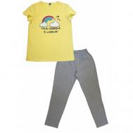 Пижама , футболка, брюки, застежка отсутствует, длинный рукав, трикотажная, пояс, размер 44, желтый KOT TONI