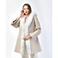 Пальто , лиса, силуэт свободный, капюшон, пояс/ремень, размер 42, серый Guy Laroche