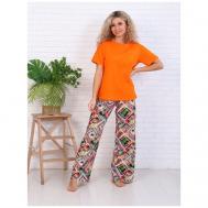 Пижама , футболка, брюки, трикотажная, пояс на резинке, без карманов, размер 44, оранжевый LarChik