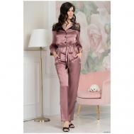 Пижама , жакет, рубашка, брюки, длинный рукав, пояс, пояс на резинке, карманы, размер XL, розовый Mia-Amore