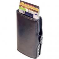 Кредитница , гладкая фактура, с хлястиком на кнопке, отделение для карт, подарочная упаковка, черный ELF Leather