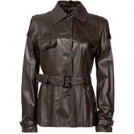 Кожаная куртка  , средней длины, силуэт прямой, размер 46, коричневый Pollini