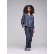 Пижама , брюки, рубашка, длинный рукав, карманы, пояс на резинке, трикотажная, размер 50-52, синий, белый ArOsGu