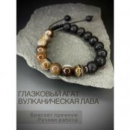 Плетеный браслет , агат, вулканическая лава, 1 шт., черный, коричневый Snow jewelry