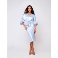 Платье ампир , атлас, вечернее, полуприлегающее, миди, вязаное, размер 48, голубой RAPOSA