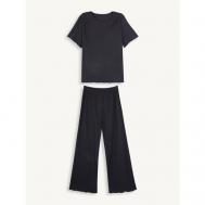 Пижама , брюки, футболка, короткий рукав, стрейч, без карманов, пояс на резинке, трикотажная, размер 42, черный CATFIT