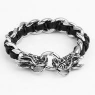 Плетеный браслет Стальной браслет в форме дракона с плетеной кожаной вставкой, 1 шт., размер 22 см., размер one size, серебряный, черный Hagust
