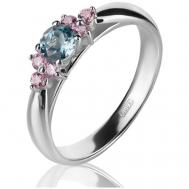 Кольцо , серебро, 925 проба, родирование, фианит, топаз, размер 17.5, розовый, голубой BRAU
