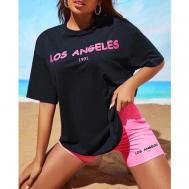 Комплект , футболка, шорты, короткий рукав, пояс на резинке, стрейч, размер 46-48.L, розовый, черный Bon&Bon