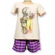 Комплект , футболка, шорты, майка, размер 48, фиолетовый, оранжевый White Cotton