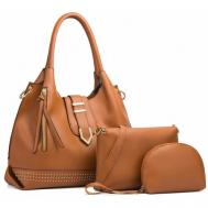 Комплект сумок  тоут , фактура тиснение, внутренний карман, коричневый YakMi
