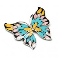 Брошь, бижутерный сплав, мультиколор Брошь мозаика "Бабочка" из самоцветов 86*75мм.