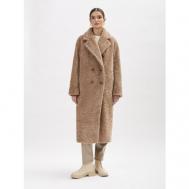 Пальто , искусственный мех, силуэт прямой, карманы, пояс/ремень, размер 48, бежевый ELECTRASTYLE