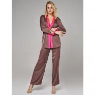 Пижама , брюки, рубашка, длинный рукав, пояс на резинке, без карманов, пояс, размер 44, коричневый, розовый ALZA