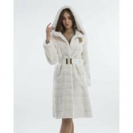 Пальто , норка, удлиненное, силуэт прямой, карманы, капюшон, пояс/ремень, размер 44, белый Mala Mati