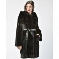 Пальто , норка, силуэт полуприлегающий, капюшон, пояс/ремень, размер 40, черный Manakas Frankfurt
