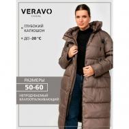 Пуховик, удлиненный, силуэт свободный, капюшон, карманы, размер 56, коричневый VeraVo