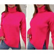 Пуловер, шерсть, длинный рукав, свободный силуэт, удлиненный, вязаный, без карманов, разрез, размер 42/48, розовый Fashion