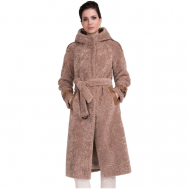 Пальто , искусственный мех, удлиненное, силуэт прямой, карманы, капюшон, пояс/ремень, размер 42, бежевый, коричневый ELECTRASTYLE