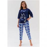Пижама , футболка, брюки, укороченный рукав, пояс на резинке, размер 54, синий Modellini