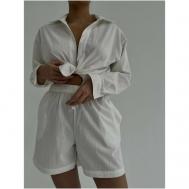 Комплект , рубашка, шорты, длинный рукав, пояс на резинке, размер 44, белый COLORNCOTTON