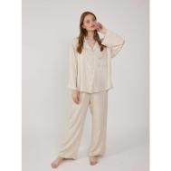 Пижама , брюки, блуза, длинный рукав, карманы, пояс на резинке, размер oversize, бежевый L&E