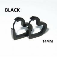 Серьги конго  Черные парные стальные сережки в виде сердечка, 14мм, мужские и женские, для подростков, нержавеющая сталь, размер/диаметр 14 мм., черный Reniva