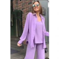 Костюм-тройка, рубашка и брюки, повседневный стиль, свободный силуэт, пояс на резинке, размер 46, фиолетовый Без бренда