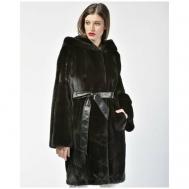 Пальто , норка, силуэт полуприлегающий, капюшон, пояс/ремень, размер 42, черный Manakas Frankfurt