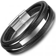 Жесткий браслет, кожа, 1 шт., размер 20.5 см., серебряный, черный BijouStore
