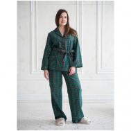 Пижама , брюки, рубашка, длинный рукав, утепленная, пояс, пояс на резинке, карманы, размер M, зеленый Pijama story