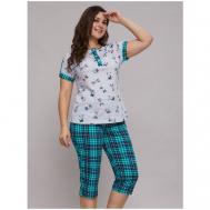 Пижама , футболка, бриджи, короткий рукав, пояс на резинке, трикотажная, размер 56, серый, бирюзовый Алтекс