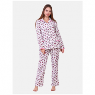 Пижама , брюки, рубашка, длинный рукав, карманы, пояс на резинке, размер 54, розовый, белый А-Ленка