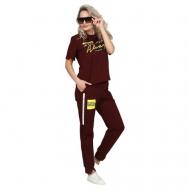 Костюм , футболка и брюки, повседневный стиль, свободный силуэт, трикотажный, пояс на резинке, карманы, размер 56, бордовый Elena Tex