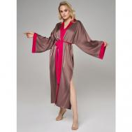 Халат  удлиненный, длинный рукав, без карманов, пояс, размер 42-48, коричневый, розовый ALZA
