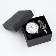 Наручные часы Подарочный набор 2 в 1 "Bolama": наручные часы и браслет, d-4 см, черный, серебряный FlashMe