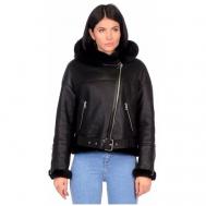 Куртка , овчина, укороченная, оверсайз, карманы, капюшон, пояс/ремень, размер 42, черный Este'e exclusive Fur&Leather