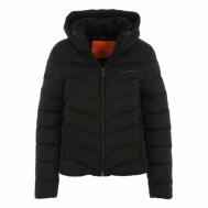 куртка  , демисезон/зима, средней длины, силуэт свободный, несъемный капюшон, подкладка, утепленная, стеганая, карманы, размер 12, черный Superdry