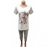 Пижама , футболка, бриджи, короткий рукав, пояс на резинке, трикотажная, размер 44, бежевый 8 марта