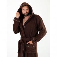 Халат , длинный рукав, банный халат, капюшон, пояс/ремень, карманы, размер 56, коричневый Everliness